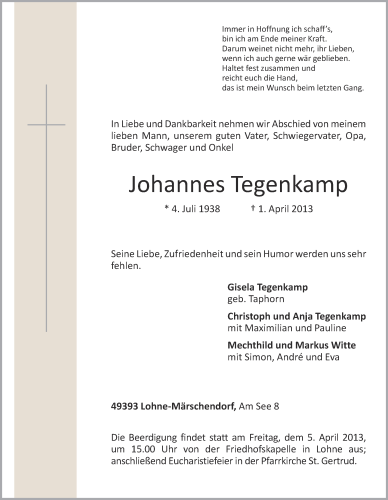  Traueranzeige für Johannes Tegenkamp vom 02.04.2013 aus OM-Medien